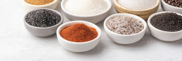 Variety of Salts and Spices in Small White Bowls on a White Background