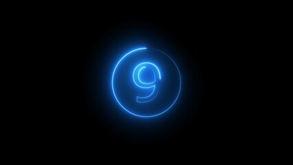 Luminous and shimmering haze inside the letters of the text nine number. 9 number neon sign. Dark background.