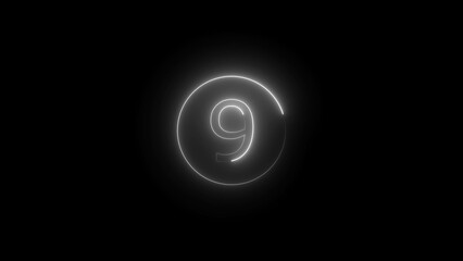 Luminous and shimmering haze inside the letters of the text nine number. 9 number neon sign. Dark background.