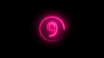 Luminous and shimmering haze inside the letters of the text nine number. 9 number neon sign. Dark background.
