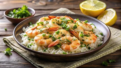 Delicious shrimp scampi with butter, garlic, parsley, and rice
