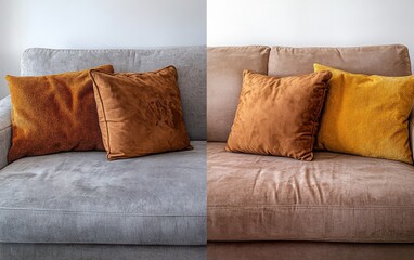 A visual comparison showing a sofa before and after professional dry-cleaning, highlighting the remarkable transformation in cleanliness 