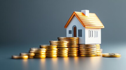 House model with coins on gray background