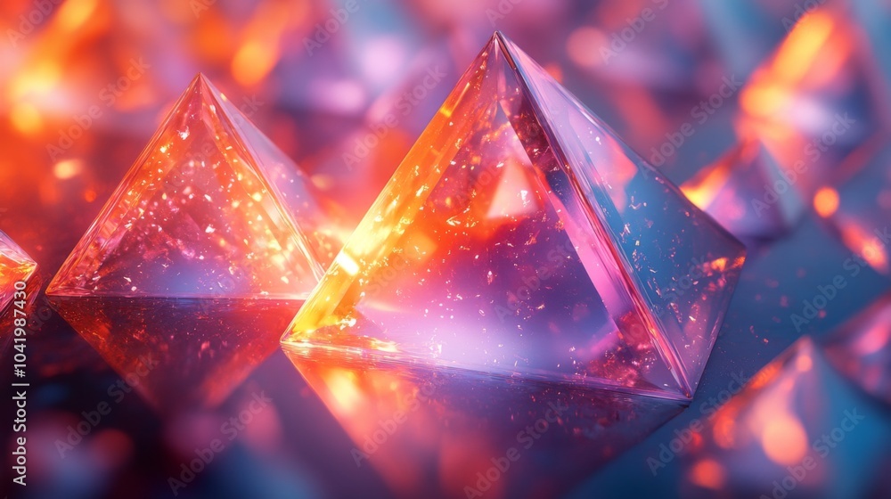 Poster multiple radiant crystal pyramids are arranged closely, their surfaces shimmering with hues of purpl