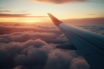 Sunset View from Airplane Wing Above Clouds