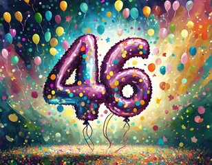 Birthday / anniversary balloon, number 46, colorful illustration with confetti and festive decoration