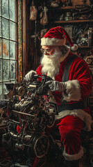 Fototapeta premium Santa Claus Fixing Vintage Engine in Workshop 