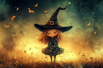 Fototapeta premium Halloween Witch Flying on Broom Against Moonlit Night,Generated By Ai