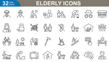 Elderly outline icons set. Grandfather, golden age, senior, generation, grandmother, health, retirement and more. vector illustrator.