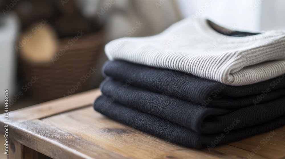 Aufkleber a collection of minimalist sportswear is neatly arranged on a smooth wooden table, creating a tidy a