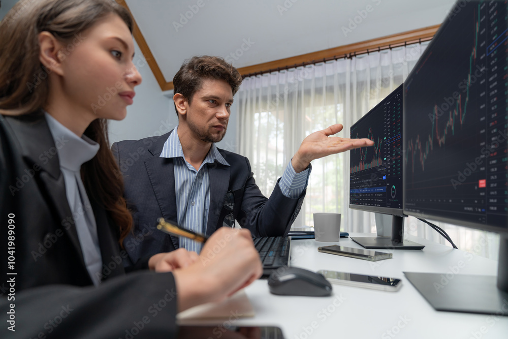 Poster two business traders consulting dynamic stock market in currency rate investment trading on two comp