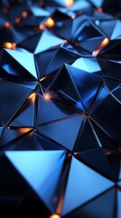 3D pyramids arranged in a radial pattern, glowing neon blue edges, sharp geometric angles, reflective metallic surfaces, deep shadows between the pyramids,