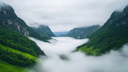 Obraz premium Fog Rolling Through Lush Mountain Valley Landscape