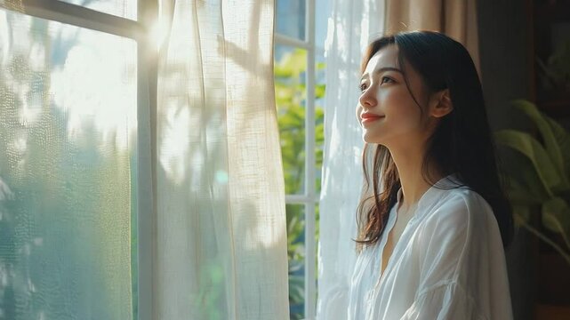 A young asian woman stands by a window, enjoys a new morning as sunlight filters through sheer curtains, illuminating her tranquil expression
