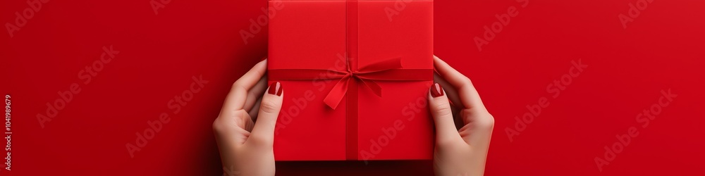 Poster a person is holding a red box with a red bow on it. the box is wrapped in red paper and has a red ri