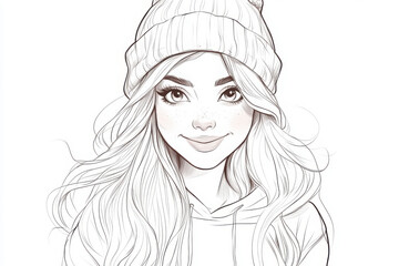 Fototapeta premium Illustration of a smiling young girl with long flowing hair, wearing a beanie and hoodie, with a soft and cheerful expression. Copy space
