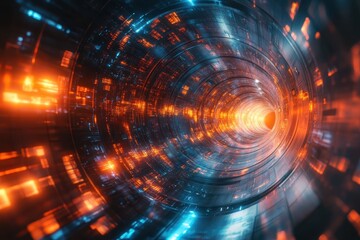 Fototapeta premium Abstract futuristic tunnel with glowing lights in vibrant orange and blue colors