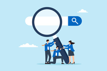 Flat illustration of HR business people hold magnifying glass on search bar discovering job opportunities