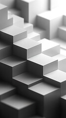 A cascade of 3D cubes in isometric view, bold monochrome with sharp shadows, each cube perfectly aligned, layered depth with subtle light effects, minimalistic and futuristic abstract design,
