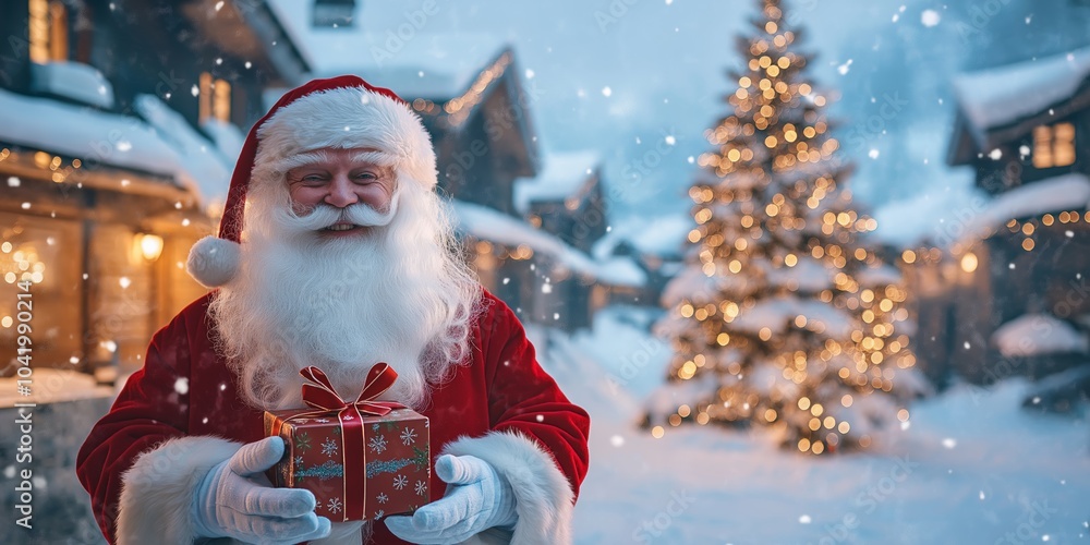 Poster a smiling santa claus holding a red box in front of a christmas tree. the scene is set in a snowy ar