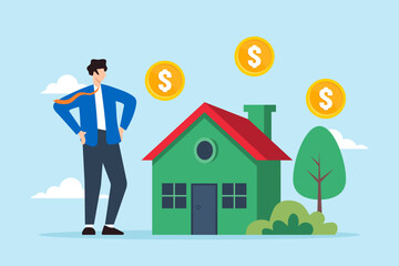 Flat illustration of businessman stands by house with dollar signs representing reverse mortgage financial concepts