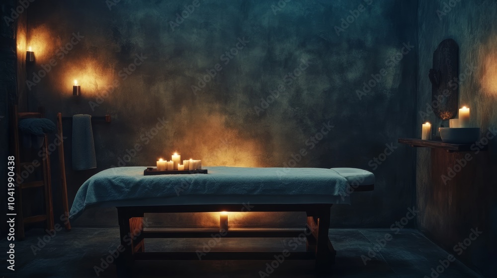 Aufkleber empty massage table is illuminated by burning candles in a dark room, creating a relaxing and zen at