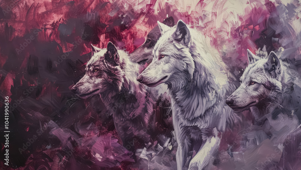 Poster three white wolves are standing in front of a red background. the wolves are looking at the camera a
