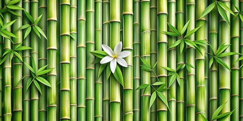 Fototapeta premium seamless pattern of bamboo tree stem, leaves, white flower
