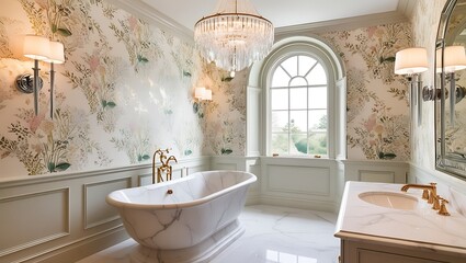 Sophisticated bathroom featuring luxury wallpaper and high-end modern finishes