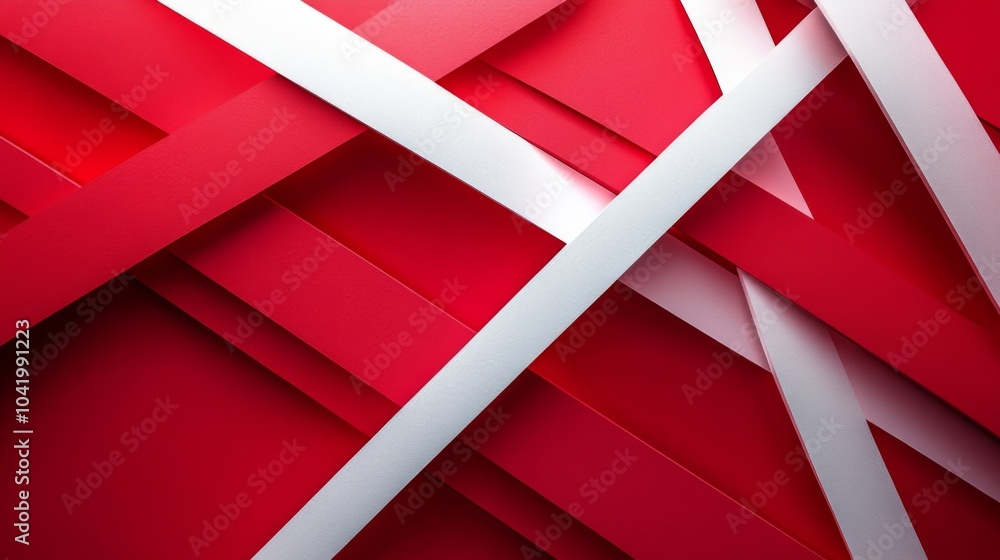Fototapete A visually striking arrangement of red and white paper strips overlaps and intersects, creating an abstract composition that draws the eye. The bold colors and angles enhance its artistic appeal.