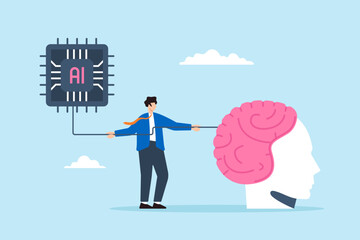 Flat illustration of businessman connecting human brain with AI chip symbolizing collaboration with artificial intelligence
