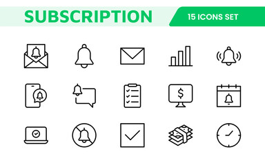 Subscription Services Icon Set. Modern and sleek icons for subscription-based platforms, perfect for enhancing user interfaces, streaming apps, SaaS products, and membership management.