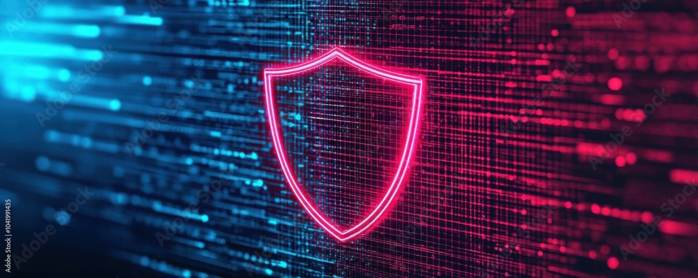 Poster neon shield symbol on background with data streams, representing security and protection.