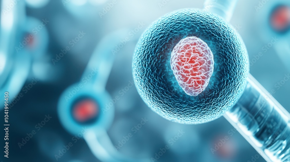 Poster a close-up view of cells with vibrant structures, showcasing intricate details of biological element