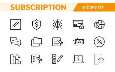 Subscription Services Icon Set. Modern and sleek icons for subscription-based platforms, perfect for enhancing user interfaces, streaming apps, SaaS products, and membership management.
