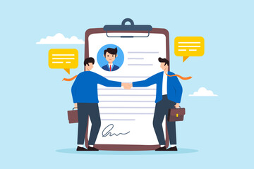 Flat illustration of two businessman shakes hands with new employee finalizing employment contract signature and recruitment agreement