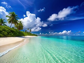 Fototapeta premium Pristine Tropical Beach with Crystal Clear Waters and White Sand for Relaxation and Serenity