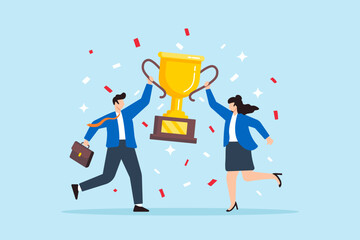 Flat illustration of businessman and businesswoman celebrate with trophy confetti symbolizing team success and partnership