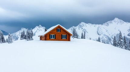 Cozy Cabin in a Snowstorm on a Mountain Landscape