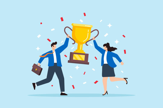 Flat illustration of businessman and businesswoman celebrate with trophy confetti symbolizing team success and partnership
