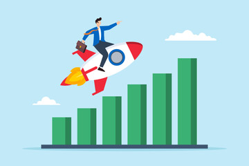 Flat illustration of businessman rides rocket on growth bar graph representing fast business growth and investment profit