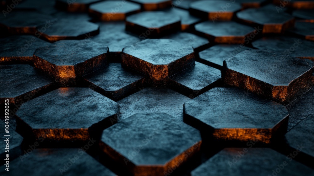 Fototapete The composition features dark hexagonal tiles arranged in a geometric pattern, with soft lighting highlighting their textured surfaces, creating a dramatic visual effect.