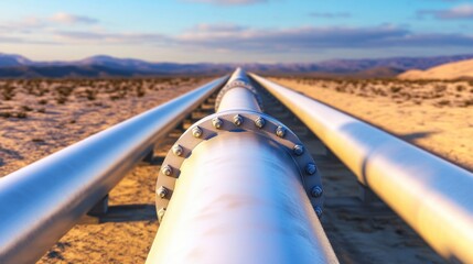 Shiny pipelines stretch across a vast desert landscape under a clear blue sky, AI