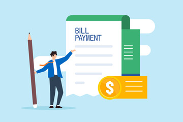 Flat illustration of businessman holds pencil and bill payment document preparing for shopping expense and transactions