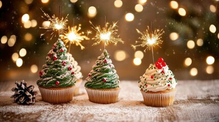 Festive Cupcakes with Sparkles and Christmas Decor