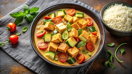 Delicious vegetarian peanut curry with crispy tofu, zucchini, and tomatoes