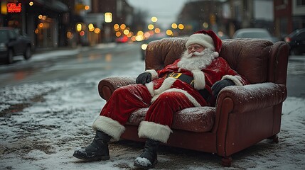 santa drunk lying on couch, couch in the middle of a snowy street