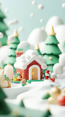 whimsical 3D scene of festive workshop with charming red house, surrounded by snow covered trees and playful elements, evokes joyful holiday spirit