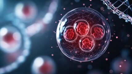 A close-up view of a cell displaying red nuclei, surrounded by a translucent structure, highlighting cellular biology and microscopic details.
