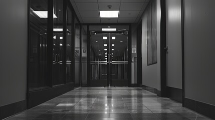a wide shot of the outside of a project manager's office door in a black and white film noir style , Generative Ai 